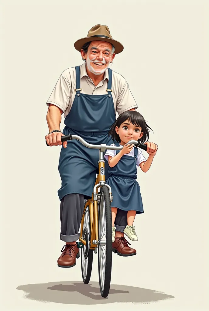 I want you to create a drawing-style image of a girl wearing an apron as an initial student, the navy blue apron. This girl is sitting sideways on the tube in the front of a bicycle that her grandpa is riding. The 70-year-old grandpa, with a hat and blue s...