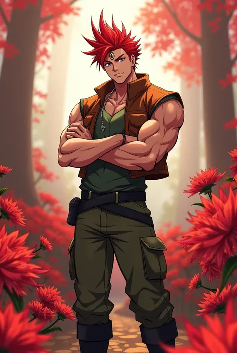 Make a high-resolution image of a handsome young adult man with red hair pointed upwards wearing a brown vest and plain military green pants and black boots with a black crescent on his forehead standing with his strong arms crossed with well-defined featu...