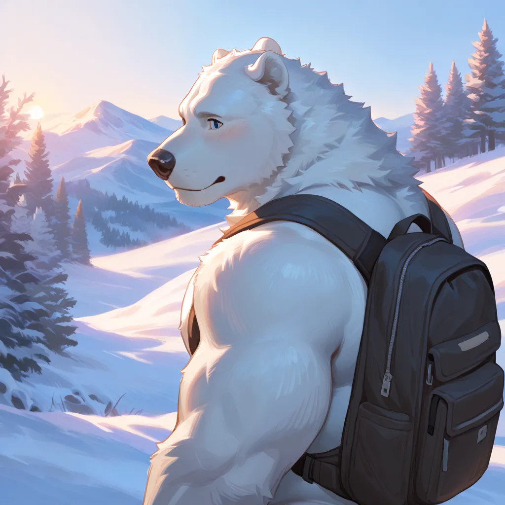 polar bear, 1boy, male, solo, (muscle:0.3), big tits, pecs, shy face, casual clothes, backpack, pan left angle