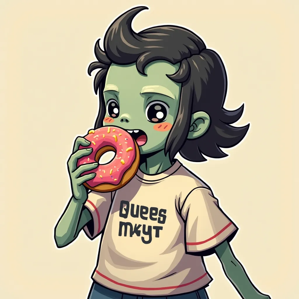 Cute zombie wears a shirt with a brand "KOF" Eating Donuts Anime, Closed Mouth, Mullet, 