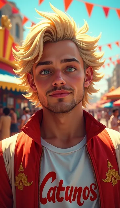 Big haired blond man with light eyes in a carnival block wearing a red and white shirt with gold details written catunos