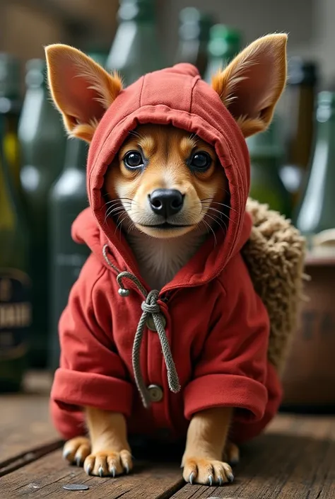 A cute little dog is selling many glass bottles in a factory.  He has a sack on his shoulder.   A man gave him some coins, the kut looked very helpless and the clothes on his body were dirty, unclean.  The color of the dog is red.