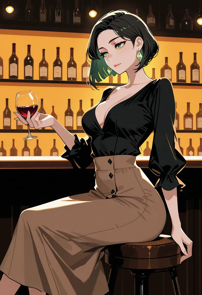 best quality,absurdres,highly detailed, newest,flat color,graphic novel,illustration,
solo,
beautiful italian woman,sexy,adult,
black short bob hair,green eyes,
strong build, medium breasts,
black blouse,medium ass,
diamond earrings,
brown skirt,
sitting o...