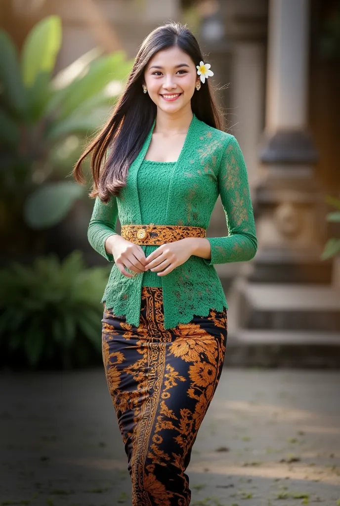 close-up photo shoot, Asian girl, flowing long black hair, smiling, dressed in green kebaya Bali, frangipani flower on her ear, bare foot, standing confidently, Bali temple background. dramatic, cinematic lighting.