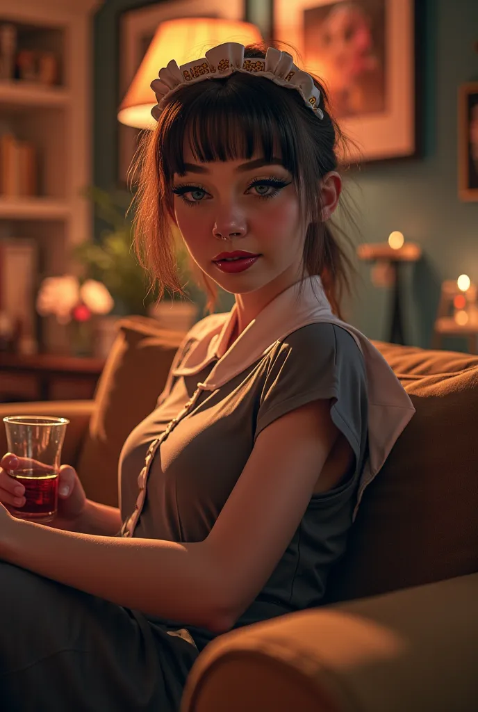 Disguised as a maid , colored contact lenses, realistic, with friends in the living room drinking