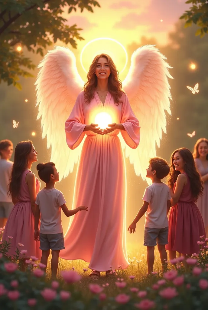 Imagine a beautiful park at dusk, where the golden light of the sun mixes with the soft pink tones of the sky.  In the center of the scene , the archangel Chamuel stands, with a serene and welcoming posture. Her pink robe shines with a glow warm, and their...