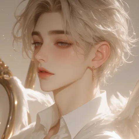 , an Asian man of Korean descent , He was 25 years old. ,   wearing a white shirt , It has large white wings. ,  , short, messy white hair with some falling down the side of her face.,  had small slender golden eyes and closed soft pink lips. ,  with a swe...