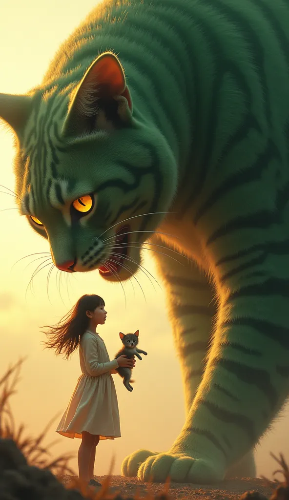 As the intense battle rages on, the beautiful Korean girl suddenly steps forward, standing fearlessly in front of the massive watermelon-colored cat. In her delicate hands, she holds the tiny kitten—the same colors as the giant beast before her. Her eyes m...