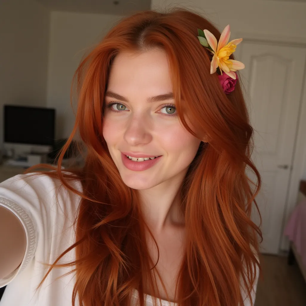  Selfie of a red-haired girl,  in her room wearing aesthetic clothes,  split lips ,  In front of the camera for your birthday High resolution, long hair, Very long hair Split lips, Teeth, language,  hair flower, language fuera,  From the Side , 