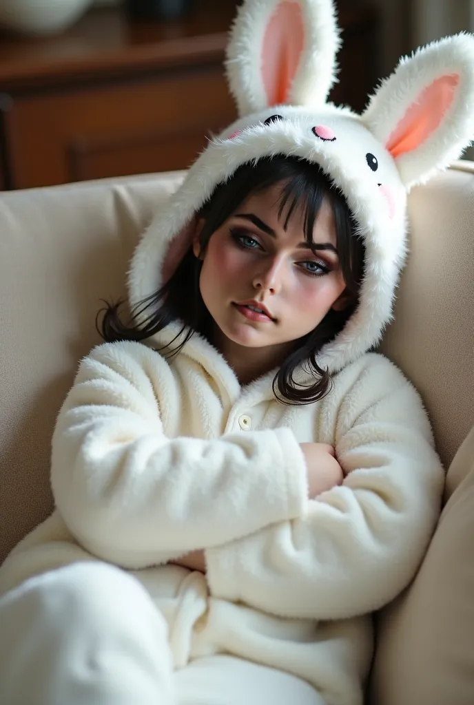 She is in white bunny pajamas sitting on the sofa