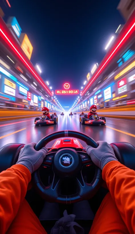 A first-person perspective from inside the same red kart, showing the driver's hands in gray racing gloves gripping the steering wheel as the countdown to the race begins. The driver's orange racing suit is visible in the frame. The track ahead is bathed i...