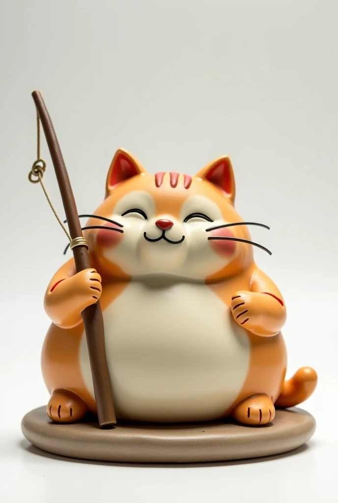 Ceramic of a fat cat with closed eyes and a happy seated face holding fishing rod on white background 