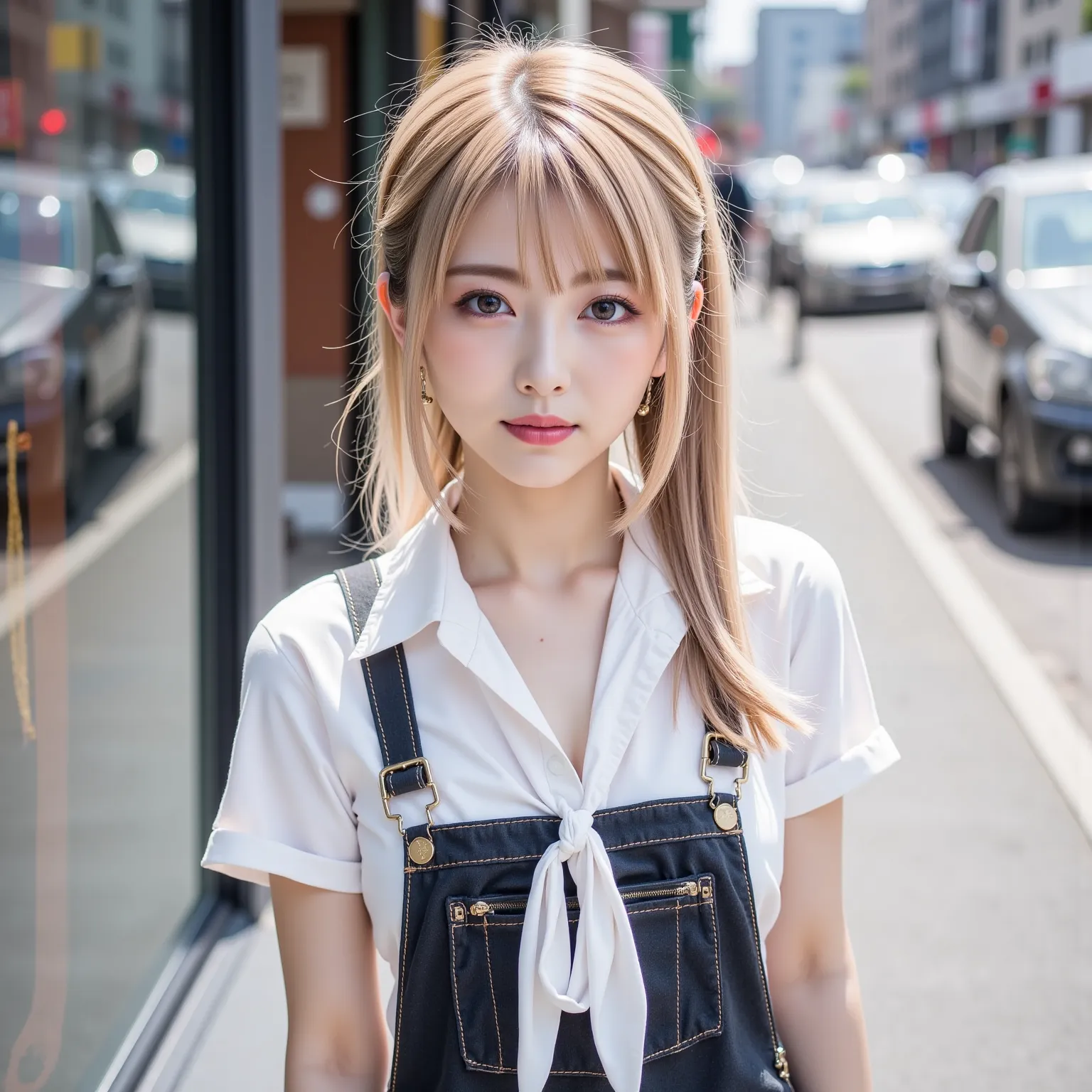 ((8K wallpaper)),((blond hair)),((side ponytail)),((big breasts,Big Breasts)),((dark eyeshadow pink with dark orange lipstick)),(( beautiful Japanese girl)),((Intelligent Glasses)),((street corner background )),((colorful manicure for nails)),((earrings, n...