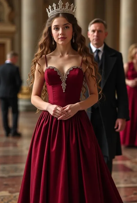 A 15-year-old princess in a burgundy dress and a small crown. With long curly hair,  with big breasts, a deep neckline is standing in a large hall of a palace. You can see her nipples through the clothes. Her parents King and Queen stand next to her