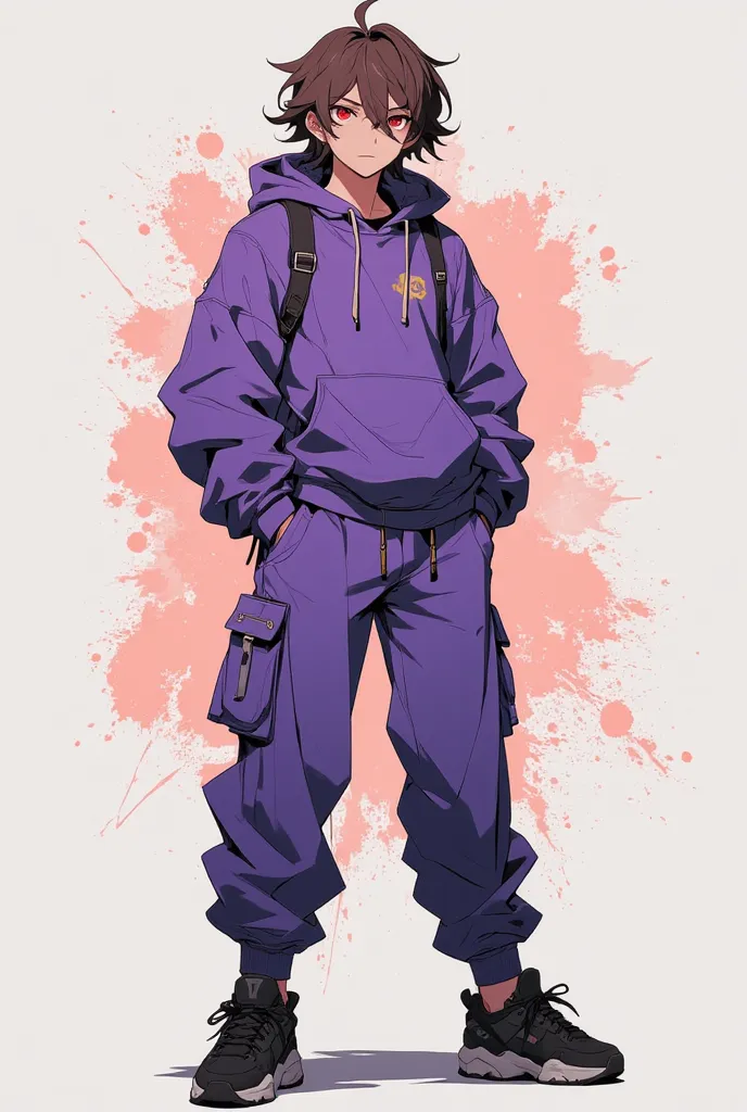 Create a boy with middle part brown hair, red eyes,  20 years of age. Wearing a purple sweatshirt and pants of the same color, wearing black sneakers. Your expression is that of someone angry, angry, looking like it's going to explode every 5 words. Anime ...