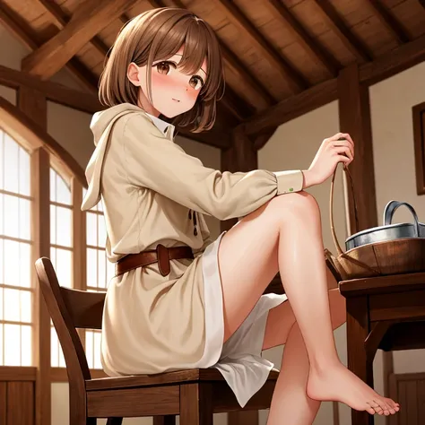 Mirien, a young woman with delicate features, sitting on the edge of a simple wooden chair in a room of a medieval wooden housea.

She has beautiful brown eyes and medium-length, straight brown hair with slanted bangs framing her round, delicately sculpted...