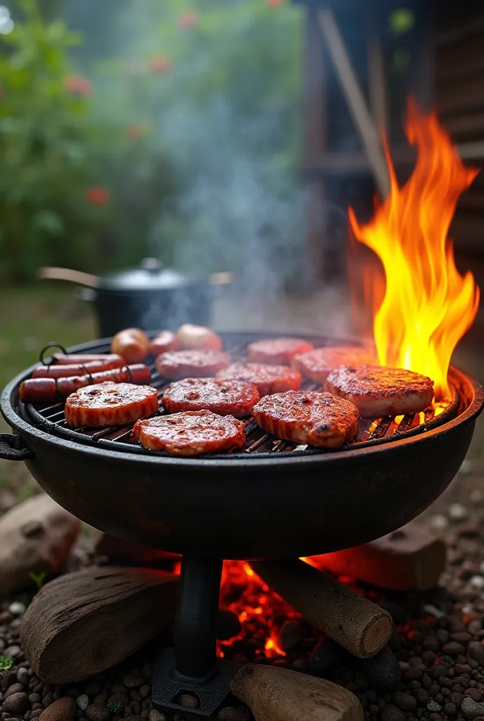 Round grill with meat and sausages with flames coming out on the right side