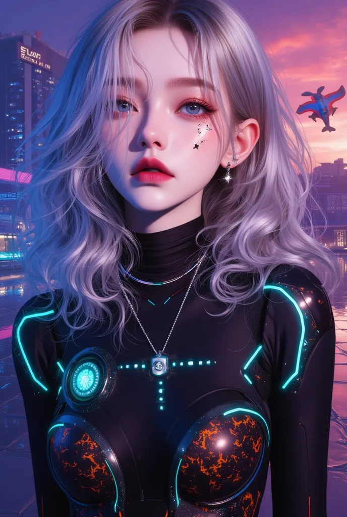 Futuristic cyberpunk-style portrait of a unique girl, ultra-detailed, 8k, digital art.

Appearance:

Face: Sharp facial features, holographic blue-purple eyes with glowing data stream effects (green code lines in pupils, starry light reflections), neon-pin...