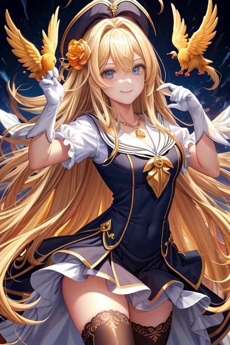 (tmasterpiece, best quality; 1.3), CG nightgown,  Ultra - detailed, 1 chica Mago negro chica, only, smile, Looking at Viewert, Elegant puppies, long golden hair, Blue eyes,
sv1,  Dark wizard girl uniform ,  guantes en el codo, hull, The sailors lead the Bl...