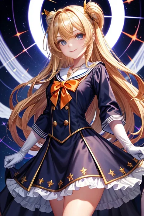 (tmasterpiece, best quality; 1.3), CG nightgown,  Ultra - detailed, 1 chica Mago negro chica, only, smile, Looking at Viewert, Elegant puppies, long golden hair, Blue eyes,
sv1,  Dark wizard girl uniform ,  guantes en el codo, hull, The sailors lead the Bl...