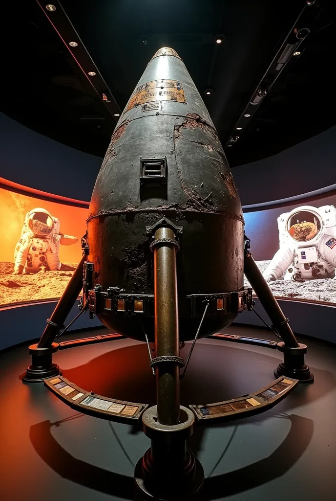 Apollo 11 command module. Die Apollo 11 command module ist in einem dunklen Raum ausgestellt, surrounded by glowing information boards, depicting the moment of the moon landing.