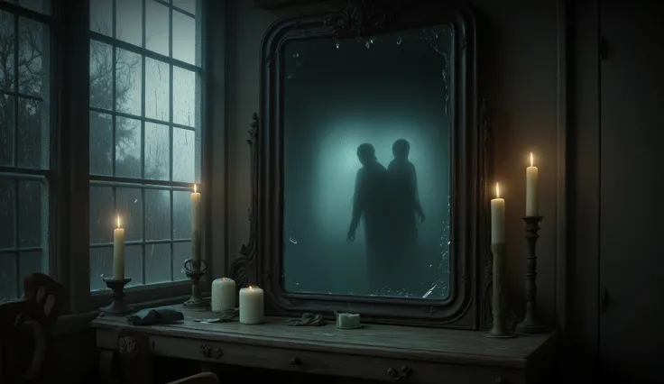 realistic image of a haunted mirror in a cold, rainy room and in the macabre liquid darkness