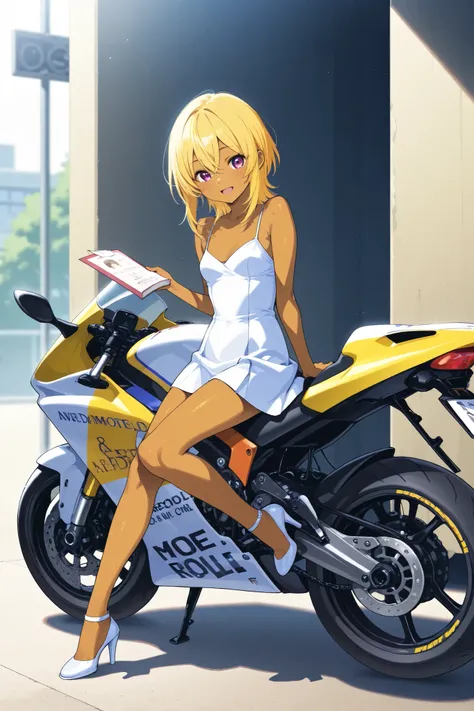 A high school girl is riding a Honda repsol MotoGP , brown skin , small breasts, video, yellow hair , Invitation , Top Quality, textured skin, Read more 、 high heels、 MOVIE LIGHT EFFECT,