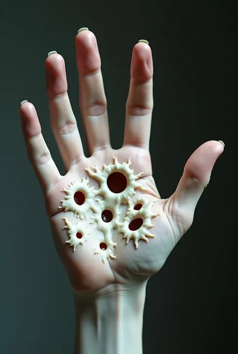 A close-up of a pair of human palm with a mesmerizing yet unsettling pattern of large holes, bumps, or other markings that evoke a sense of trypophobia, a fear of clusters of large holes, with the palm placed on a neutral or dark background to accentuate t...