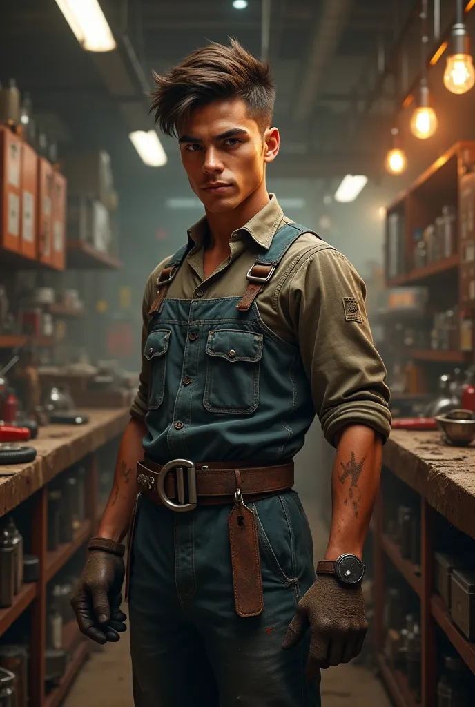 I want to create a character he will be a mechanic, With a daring face look, But younger like 22 years