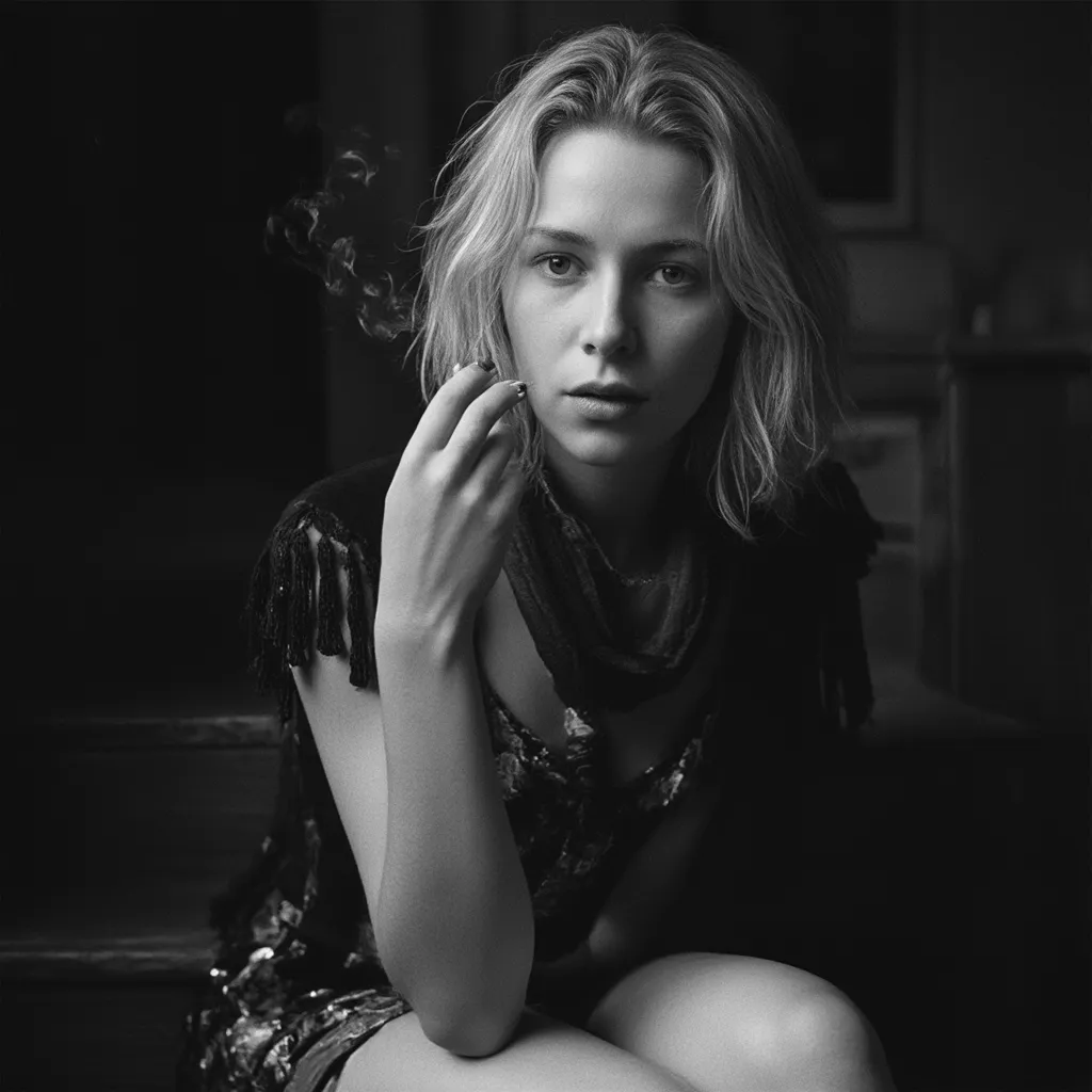   cinematic photography , A close-up of a charming blonde woman with loose hair strands surrounding her face, sitting on a wooden staircase in a semi-dark space, wearing a dress with tassels that captures the light, A dark scarf or necklace around her neck...