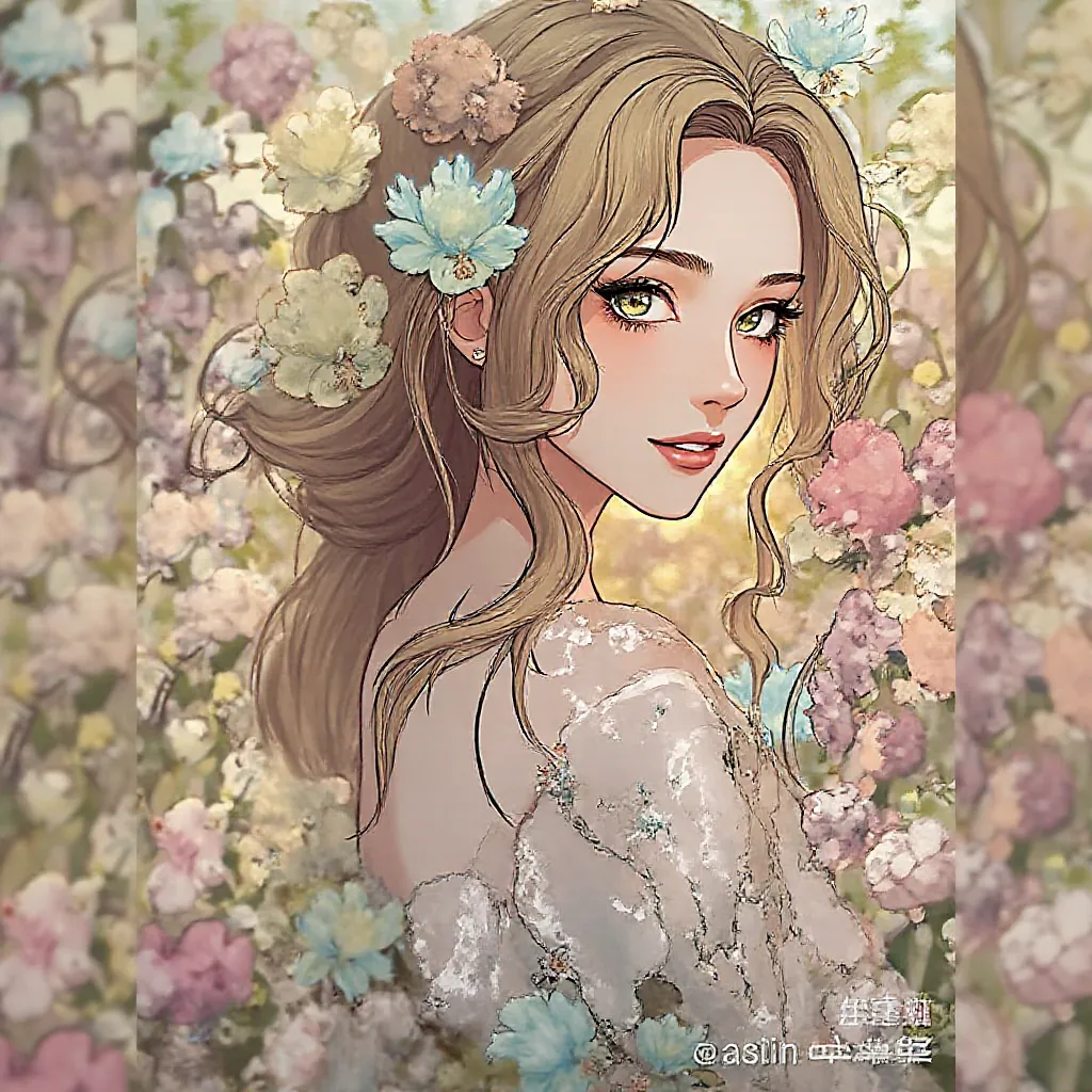 A woman with delicate features and a soft, gentle style, inspired by the reference image. She is surrounded by a springtime setting, with flowers in her hair and holding flowers of soft colored flowers, or colorful flowers, or yellow flowers, or pastel col...