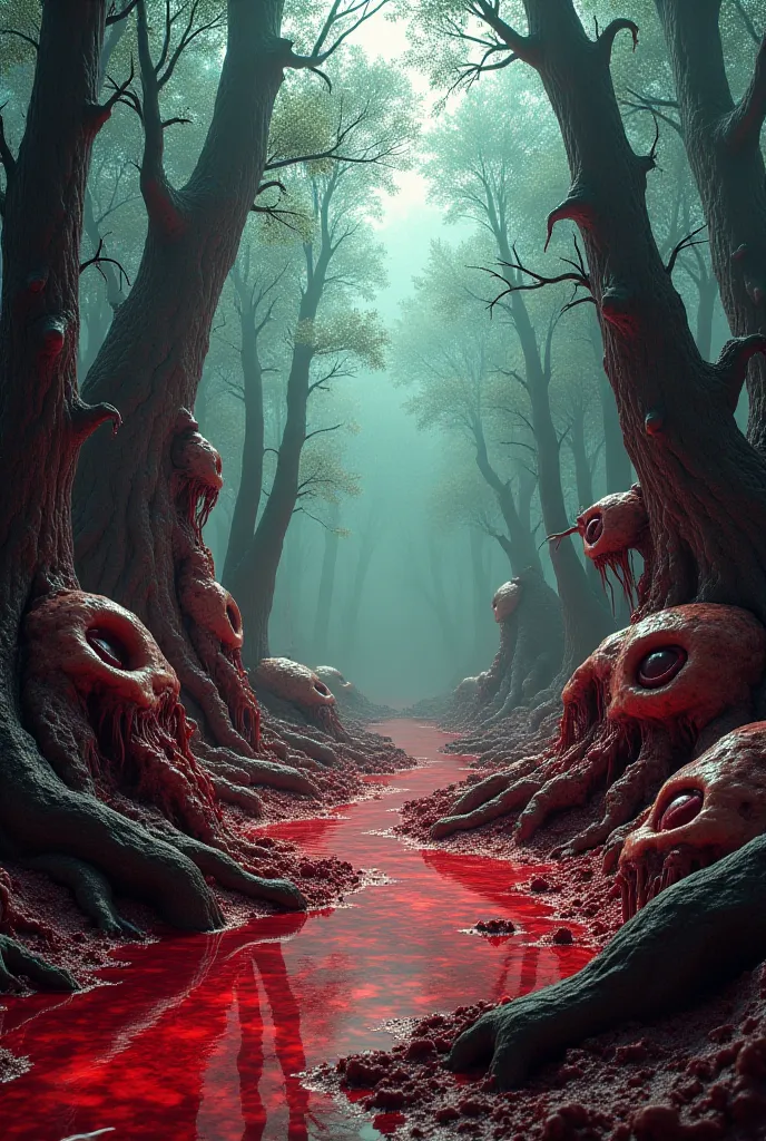 Forest, flesh trees, flesh ground, rotten flesh, human faces, pools of blood, eyes, vast landscape, hyper-realistic, super realistic, grotesque
