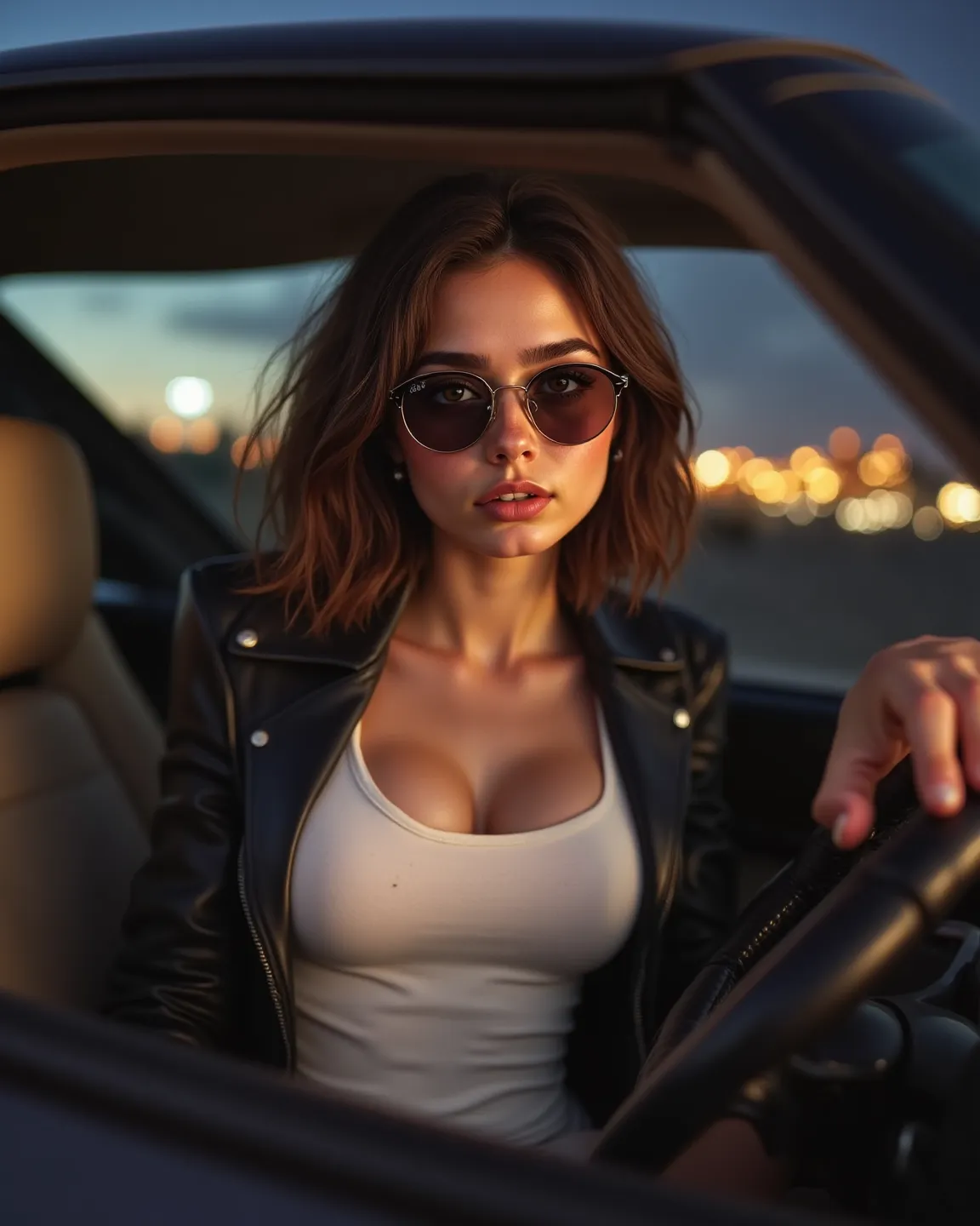 A hyper-realistic image of Lara Sampaio, a stunning 23-year-old Brazilian woman, sitting in the driver’s seat of a luxurious sports car, gripping the steering wheel with confidence. She wears a sleek black leather jacket over a fitted white top, paired wit...