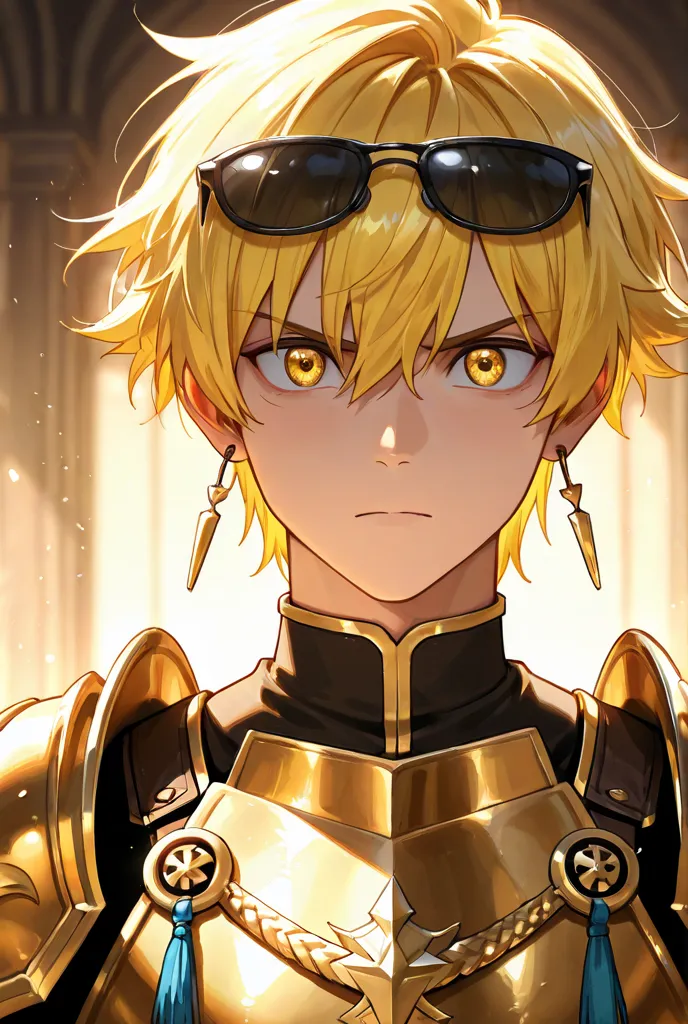 Anime man with yellow hair and big male hair, wearing golden knight armor with perfect face and Sunglasses