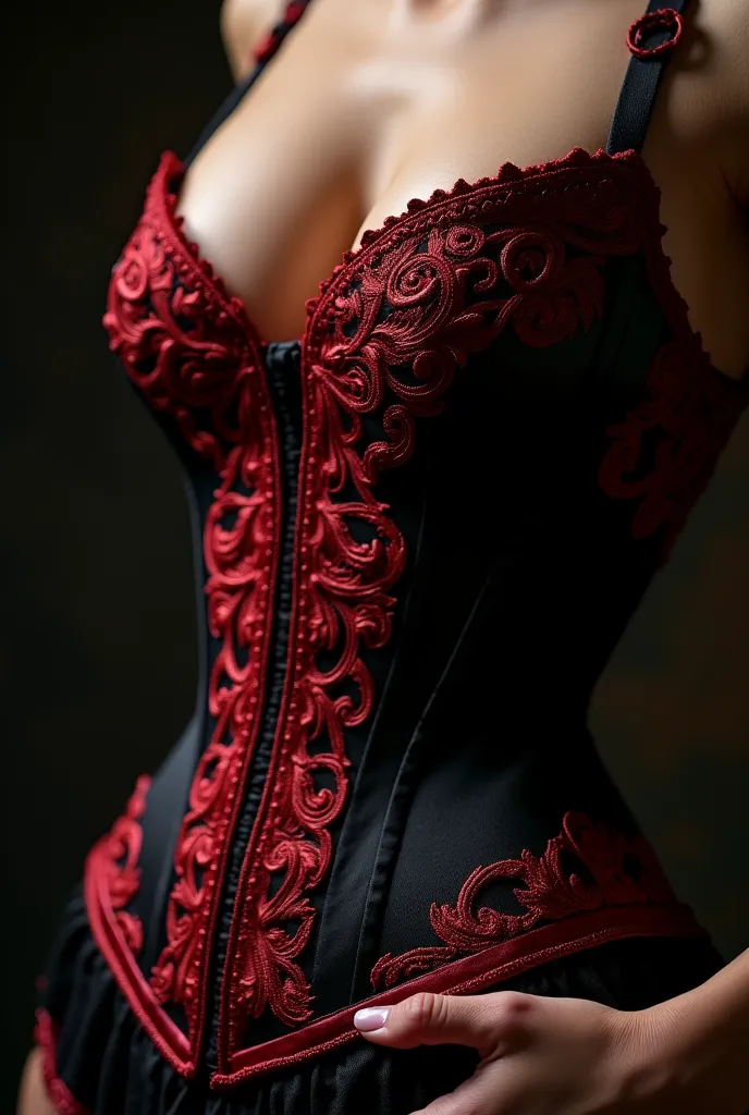 Rich black satin corset with blood-red embroidery