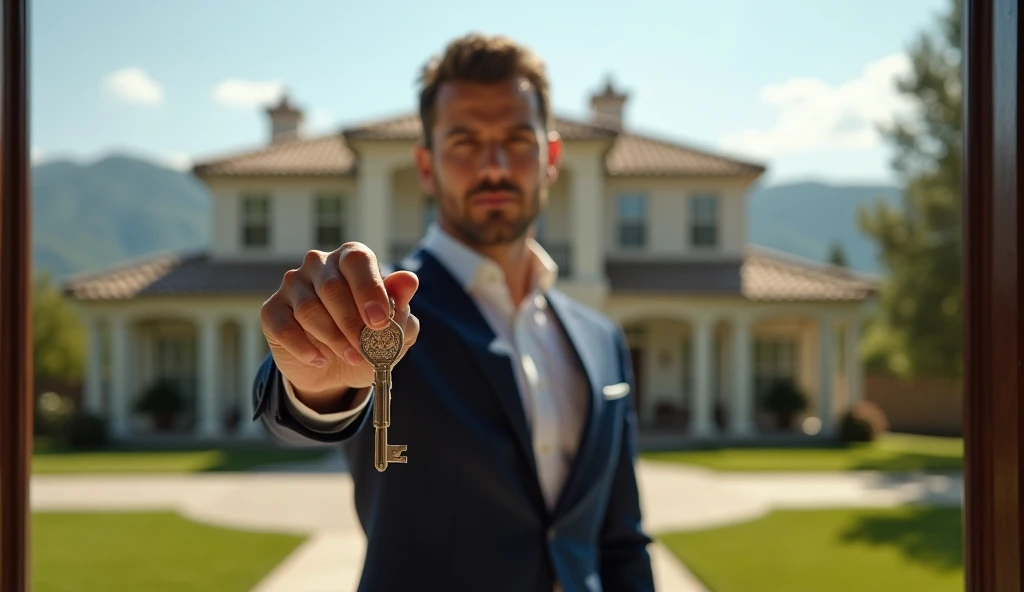 A man is standing near the luxury house with a key in his hand. The background is picturesque, 4k camera