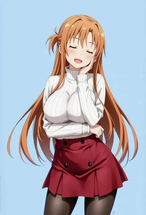 Asuna Yūki is sitting in a chair with a calm air and relaxed. Your long reddish-brown hair falls softly over your shoulders, some threads slipping down the front of her light blouse.  She wears casual clothing , made of a thin and slightly translucent fabr...