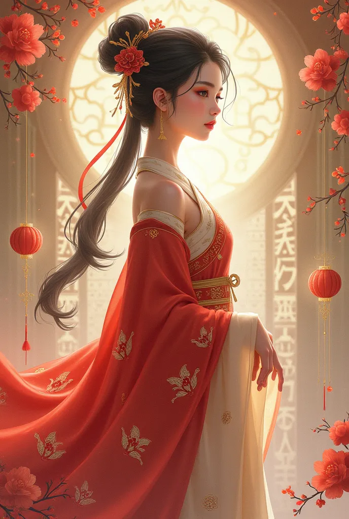 Illustration of a Chinese girl with Hanfu surrounded by Chinese symbolism 