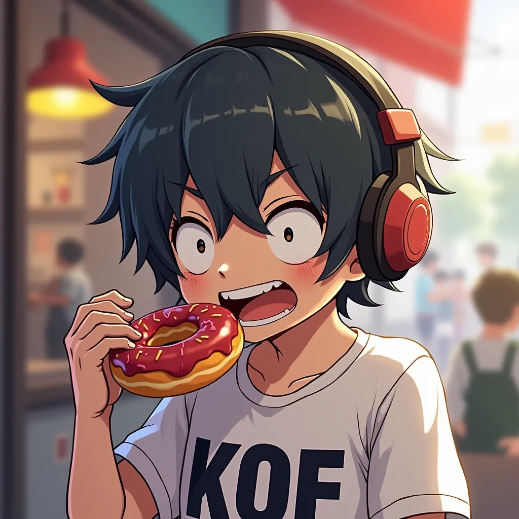  zombie boy wearing shirt with text "KOF" Eating Donuts Anime, Short Hair, Headphones, Anime Style, Smile, 