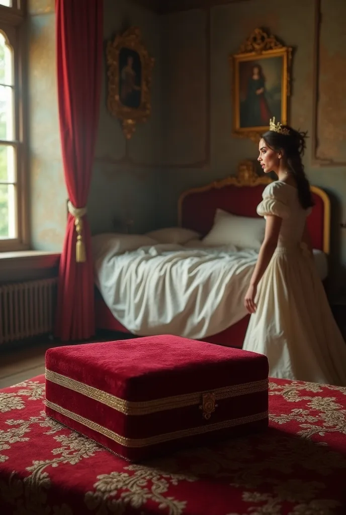 Give me a room in a castle, where a queen is in bed in the background, in the foreground a velvet box on a table to which all the light from the window falls, and the girl looks uncontested from behind at this box,
that all this has a baroque style