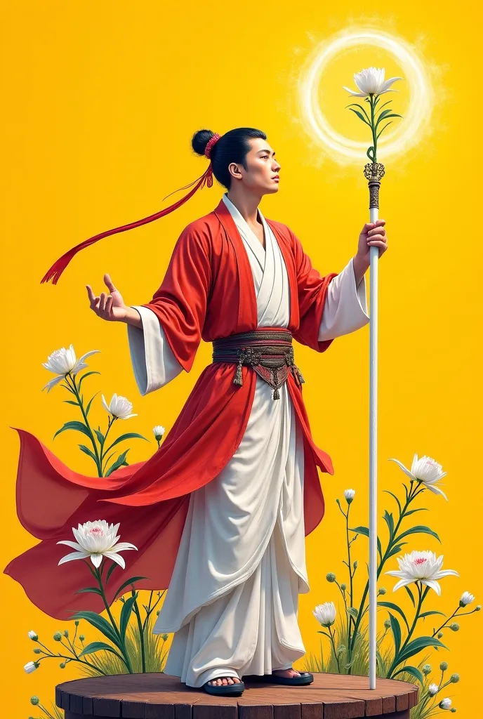 "The Magician" or "Tao Guy" tarot card. Asian men charactor. Chinese Traditional Wuxia aesthetic martial arts epic style like  "The Legend of the Condor Heroes".
- Yellow bg: Bright and clear. - Double Tipped White Wand: The double tip indicates that it is...