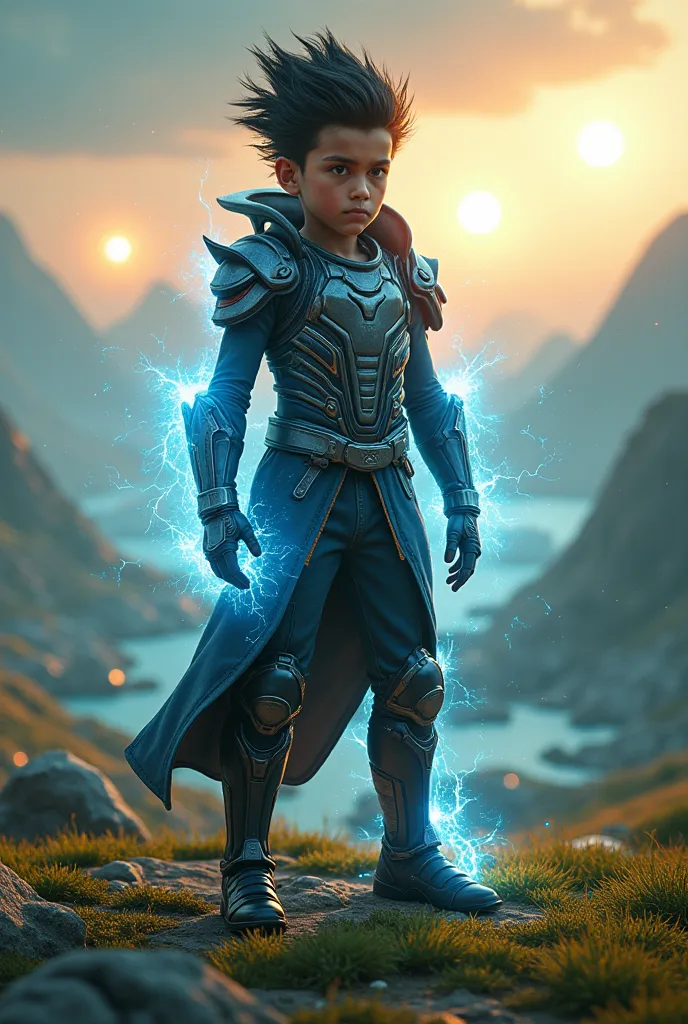 "A hyper-realistic 4K shot of a young-looking picolo alien warrior, with spiky black hair and determination and an intense expression of intense expression of. He is surrounded by a powerful aura of blue and orange energy, with electrical sparks pulsing ar...