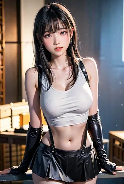 (, blush, 20yo, narrow eyes) (Photorealistic: 1.4), Solo, Top Quality, Very Delicate and Beautiful, High Definition, 1girl, tifa_lockhart, Smile, Cowboy Shot, Suspenders, Low Rise, Mini Skirt, white Tank Top, Tense Shirt, Black Hair, Long Hair, Elbow Glove...