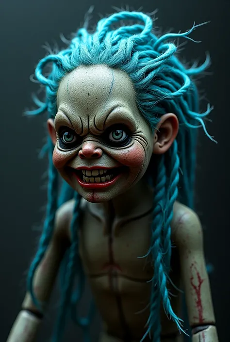 A monster doll with blue braids, Face-faced and very ugly
