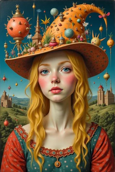 A blonde lady in a hat in bosch style 