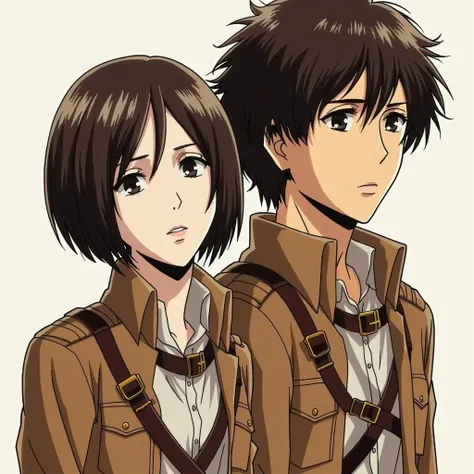 Make me a picture panel comics Attack on Titan woman short straight brown hair with bangs white skin, calm brown eyes, Marley uniform, tall brown man short super curly brown hair, brown eyes, side by side, looking up, landscape scenery