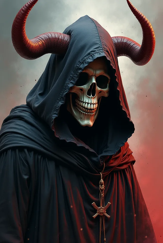 arafed man with a hood and horns on his head, an album cover by Adam Marczyński, reddit, sots art, the reaper as a scary, hooded skull, the grim reaper, papa emeritus, evil death, reminded me of the grim reaper, portrait of the god of death, grim reaper, p...