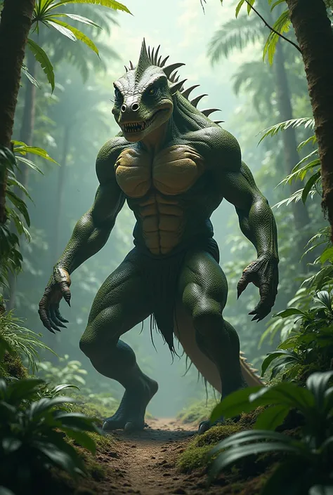 Strong reptilian man in the Amazon rainforest 