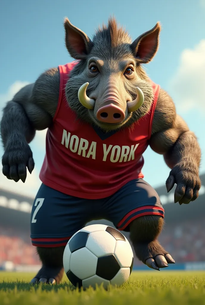 Boar lifting a soccer ball wearing a uniform that reads Nora York