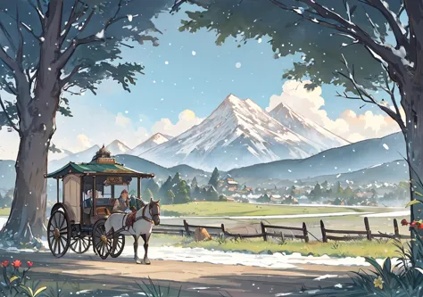 A breathtaking Ghibli-style scene featuring vast, rolling green meadows bathed in warm sunlight. In the background, towering, snow-capped mountains rise majestically, their icy peaks contrasting with the lush valley below. A well-worn dirt path winds throu...